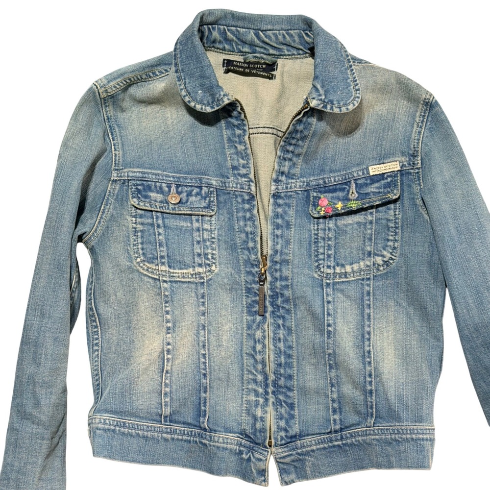 Maison Scotch Denim Jacket Womens Light Blue Wash Zip Up Trucker Boho Minimalist
